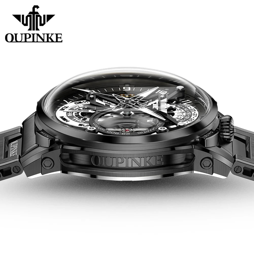 OUPINKE Black Steel Tourbillon Mens Wrist Watches Skeleton Automatic Mechanical Watch Fashion Wrist Watch Mens Sapphire