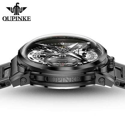 OUPINKE Black Steel Tourbillon Mens Wrist Watches Skeleton Automatic Mechanical Watch Fashion Wrist Watch Mens Sapphire