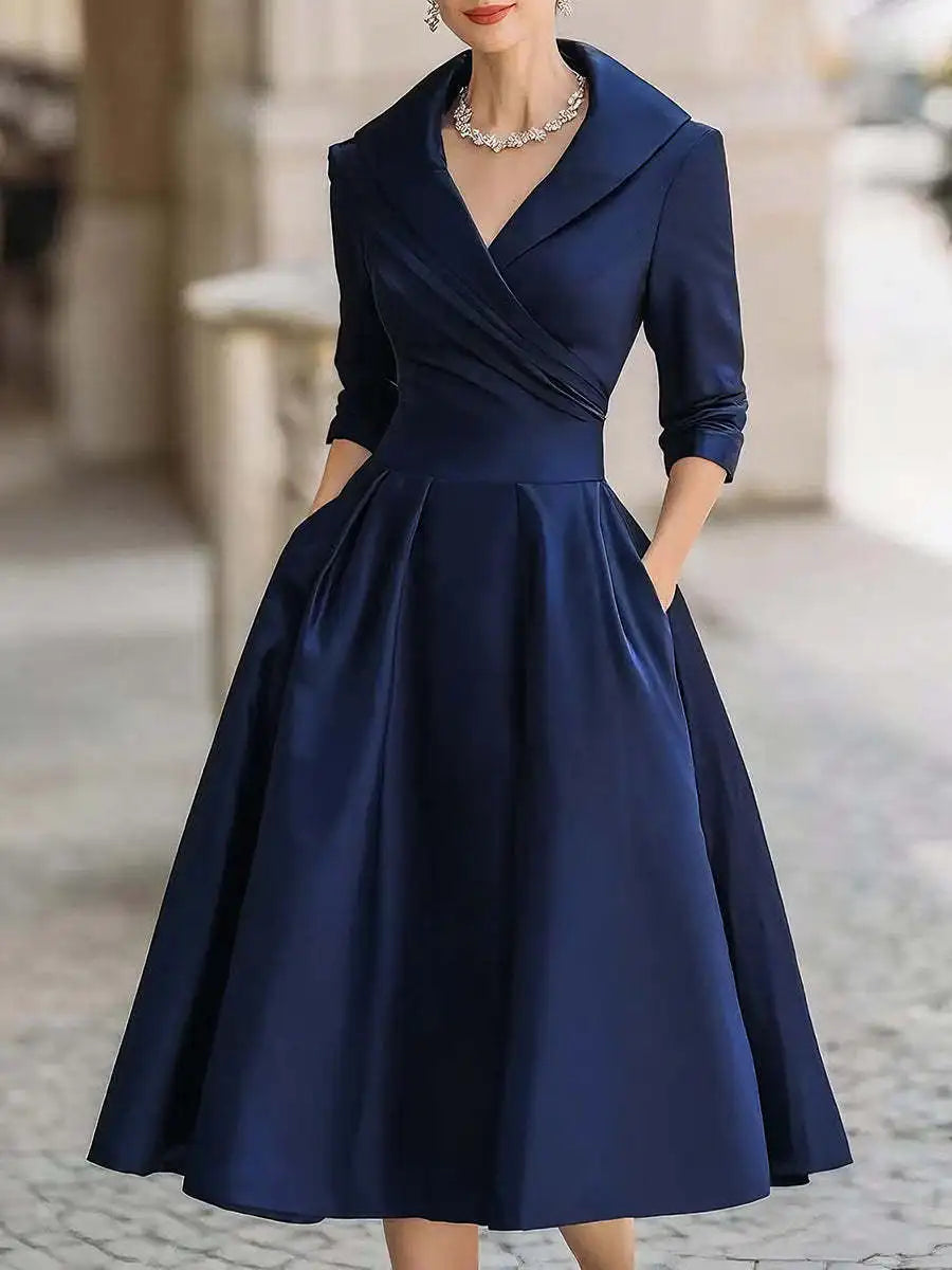 Office Lady Slim A-Line Dress Women 2025 Autumn Winter Fashion Long Sleeve Turn-down Collar Maxi Dresses Elegant Vestidos
