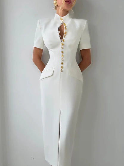 Chic Single Breasted Women's Dress Short Sleeve Slim Female Long Dresses 2026 Spring Summer Elegant Party Front Split Lady Robe