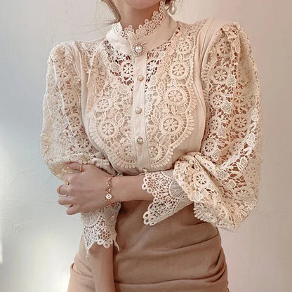 New Women's Long Sleeve High Neck  Chic Blouse, Lace Paneled Hollow Sleeve Elegant Top, Vintage Fashion Office Lady Outfits