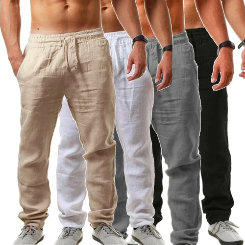 Men's Cotton Linen Pant Loose Breathable Elastic Waist Pants Solid Color Casual Jogging Fitness Trousers Summer Sports Sweatpant