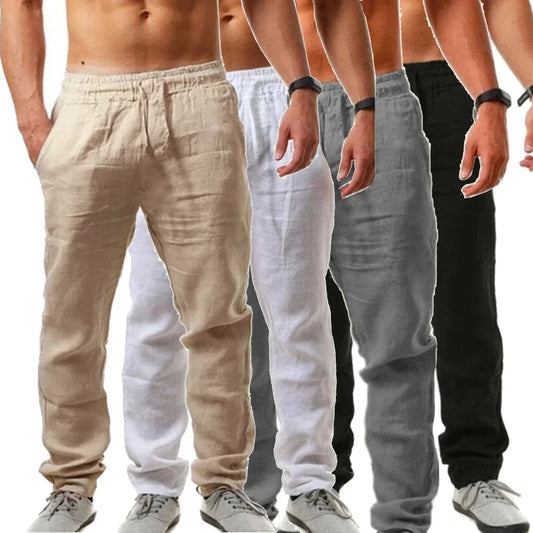 Men's Cotton Linen Pant Loose Breathable Elastic Waist Pants Solid Color Casual Jogging Fitness Trousers Summer Sports Sweatpant