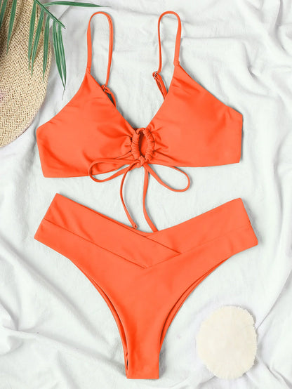 New High Elastic Bikini Set for 2025 Summer Two Pieces Solid Color Lace-up Sexy Women Swimsuit Beach Bathing Suit Swimwear