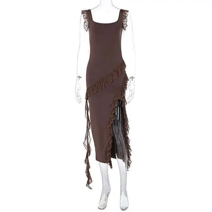 Giyu Sexy Ruffles Summer Dress 2025 Women Clothing Elegant Holiday Club Evening Party Dresses Slash Neck Split Bodycon Long Robe