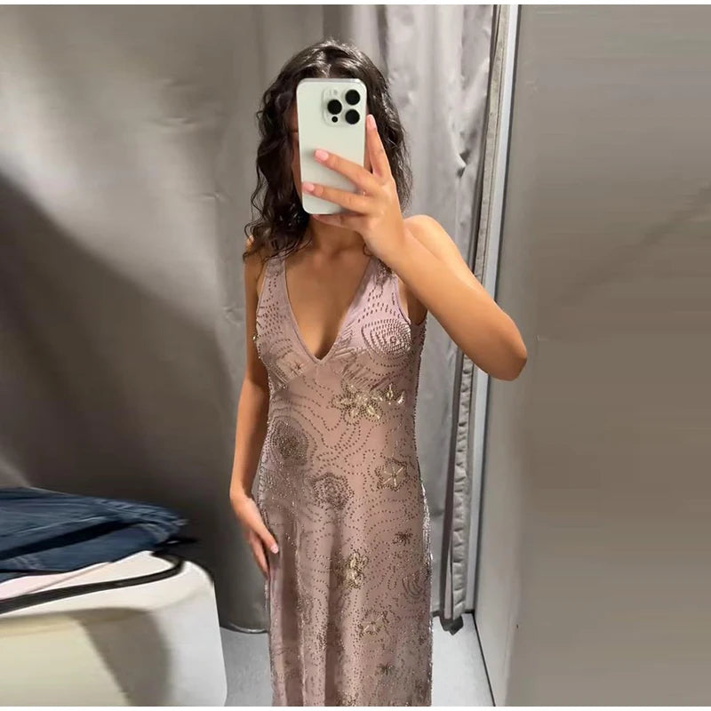 Sexy Sequin Women's Beads Sling Dress Fashion V-Neck High Waist Slim Fit Lady's Dresses Summer Beach Holiday Party Robes