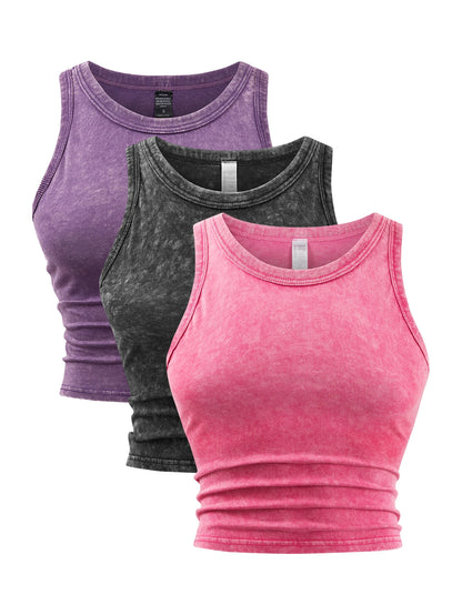 Y2k Cotton Solid Tank Tops For Womens Summer Sexy Sleeveless O-Neck Tight Washed Crop Tees Casual All-math Basic Streetwear