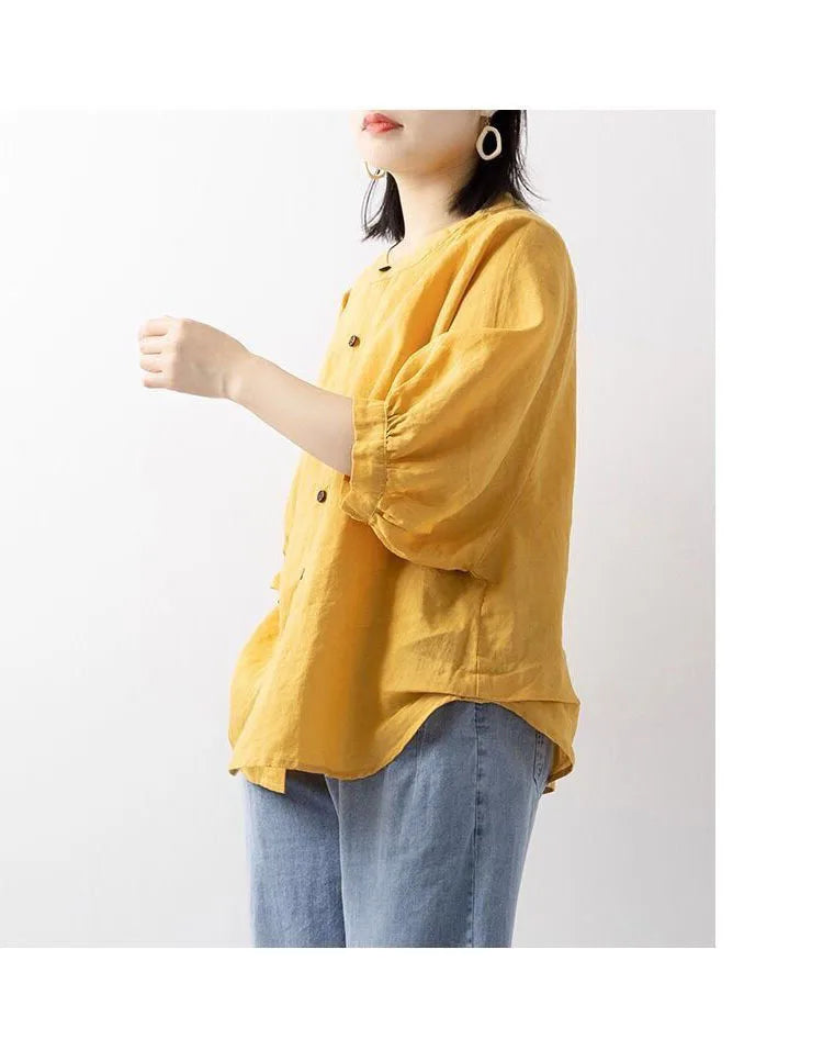 Cotton and linen shirt women's spring and summer thin solid color lantern sleeve stand collar top loose large size shirt