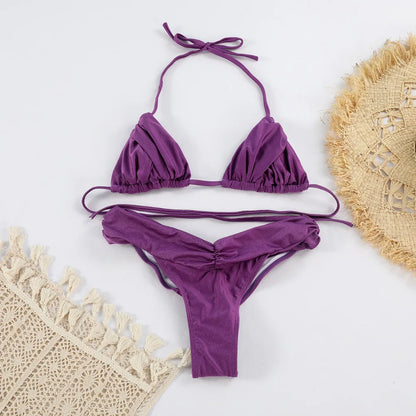 Sexy Bikini Set 2024 New Solid Pleated Bikini Swimwear Push Up Halter Swimsuit White Color Bathing Suits for Women