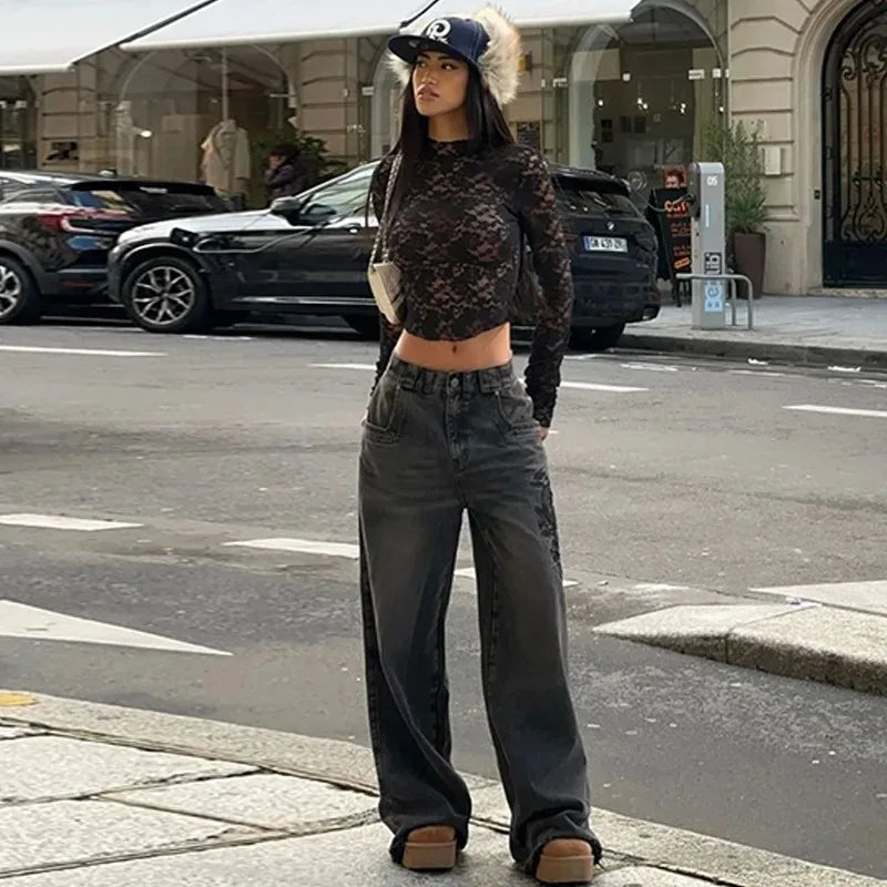 Sexy V-Neck Sheer T-Shirts Fashion Women Flare Long Sleeve Spring Lace Slim Pullovers Tops Casual Evening Party Club Chic Tees