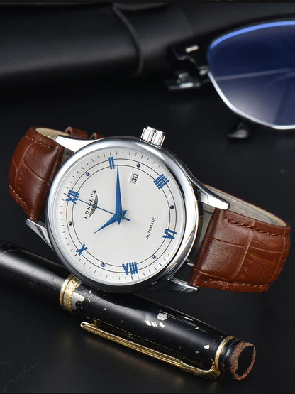 Men automatic watch simple mechanical watches  date waterproof fashion leather gift