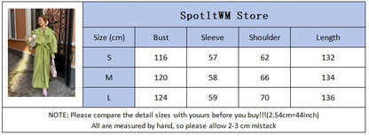 Women Green Lapel Trench Coat Fashion Belted Long Sleeve Loose Outerwear Chic 2025 New Autumn Street Travel Leisure Lady Outwear