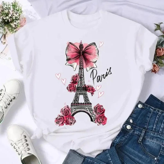 Short Sleeve Butterfly Bow Sweet Flower Fashion Summer Women Print T Shirt Female Casual Top Tshirts Cartoon Graphic Tee T-Shirt