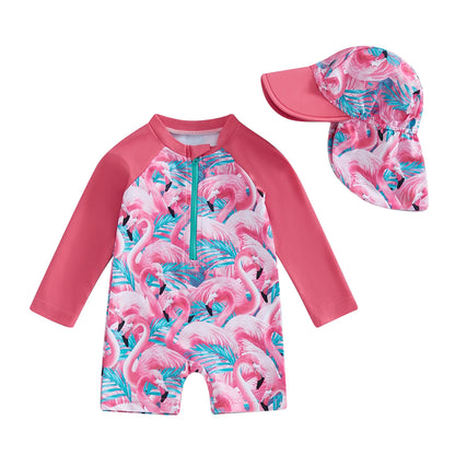 Citgeett Summer Kids Toddler Girl Long Sleeve Swimsuit Floral Flamingo Print Half Zipper Swimwear Romper Clothes