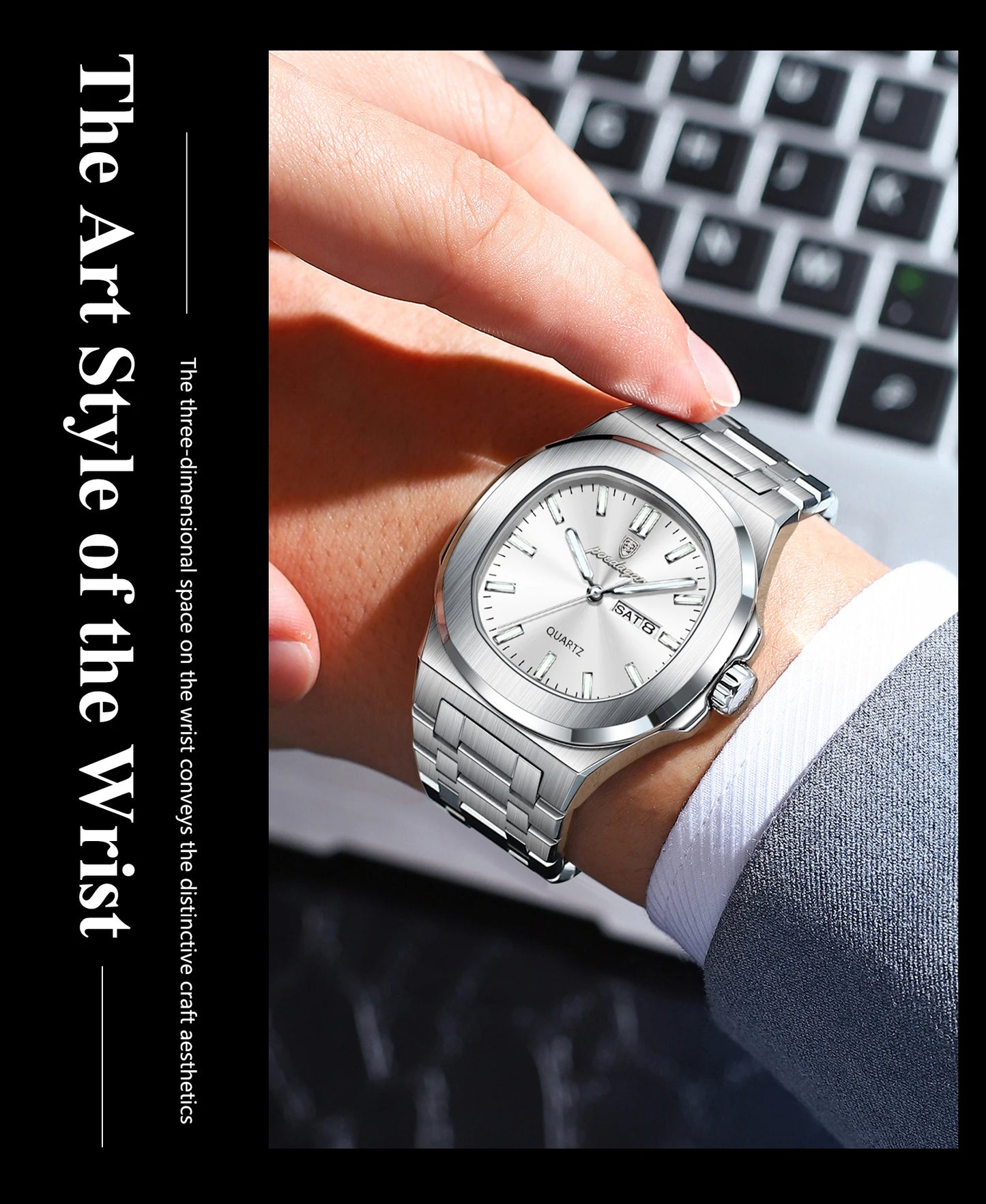 POEDAGAR Classic Square Men Wristwatch Waterproof Luminous Date Week Casual Man Clock Stainless Steel Men's Quartz Watches Reloj