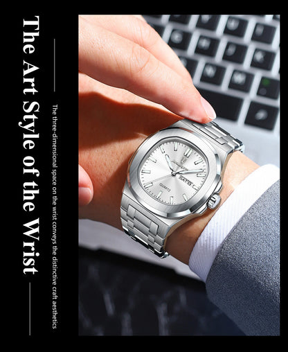 POEDAGAR Classic Square Men Wristwatch Waterproof Luminous Date Week Casual Man Clock Stainless Steel Men's Quartz Watches Reloj