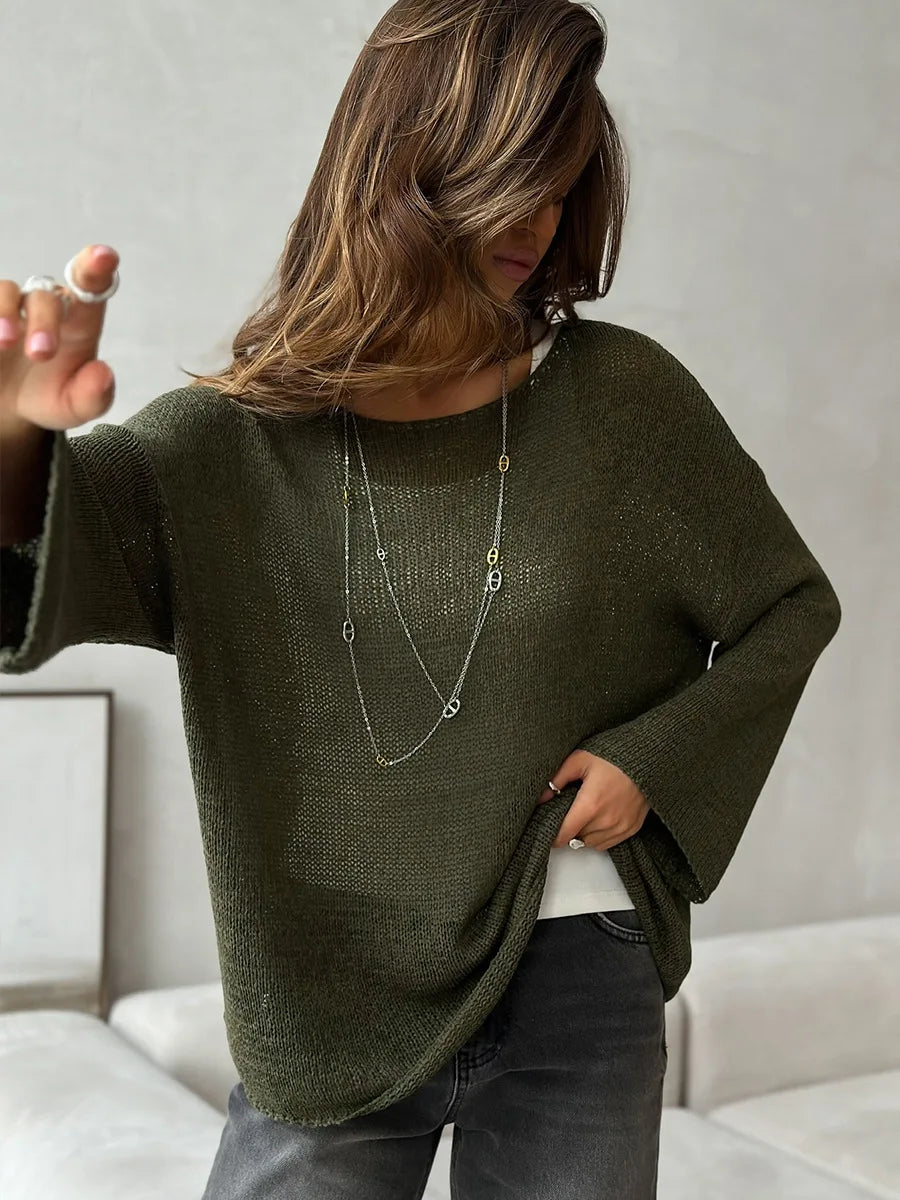 Bornladies Simple Solid Color Long Sleeved Sweater Women's Spring Knitted Hollow Top Loose Versatile Casual Sweater Pullovers