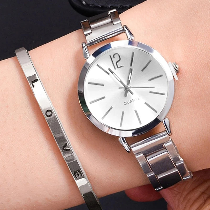 2pcs Set Watch Luxury Women Simple Dial Hollow Strap Fashion Gold Bracelet Quartz Wristwatch Student Ladies Watches Reloj Mujer