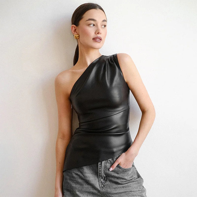 Solid color leather sleeveless irregular single shoulder sloping collar sexy slim zipper T-shirt