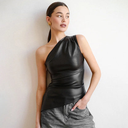 Solid color leather sleeveless irregular single shoulder sloping collar sexy slim zipper T-shirt