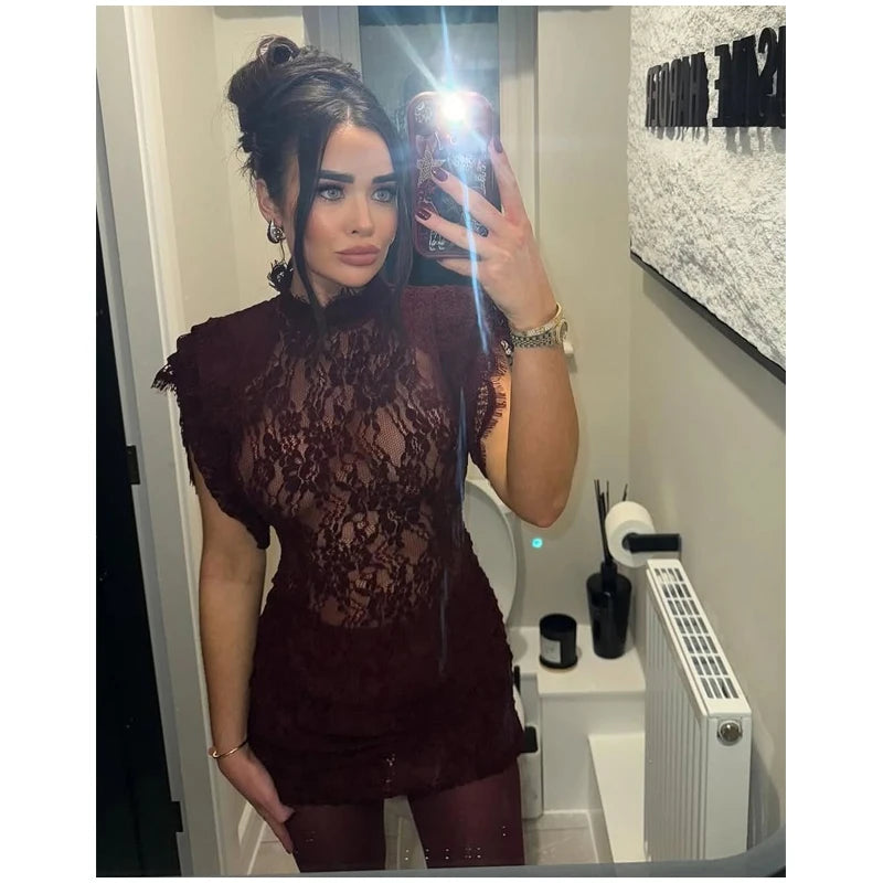 Lace Patchwork Pleated Mini Dress Lady Sexy High Collar Sleeveless Cinched-waist Slim Dresses Women 2026 Evening Party Vestidos