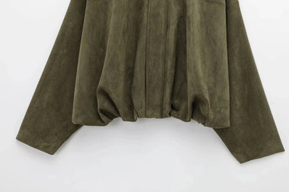 KONDALA Casual Soft Martini Green Bomber Jackets Women Long Lantern Sleeve Oversized Autumn Winter Coats Fashion 2025 Outwears