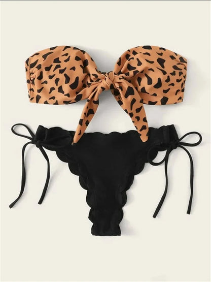 Beach Bikini 2025 Woman Sexy Front Lace Up Tie Bandeau Leopard Swimsuit Female Push Up Ruffled Bow Bathing Suit Thong Swimwear