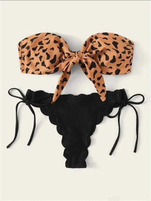 Beach Bikini 2025 Woman Sexy Front Lace Up Tie Bandeau Leopard Swimsuit Female Push Up Ruffled Bow Bathing Suit Thong Swimwear