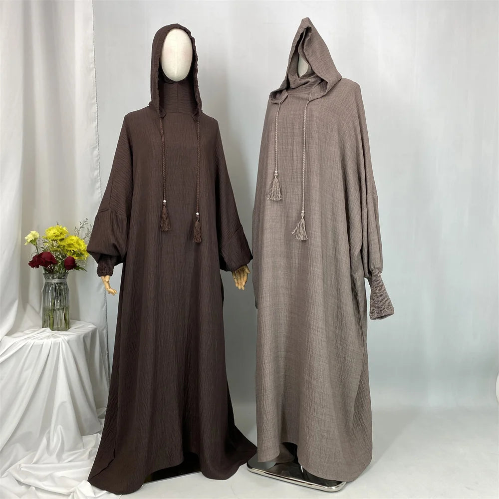 Hot Seller Ramadan Islamic Clothing Wrinkle Polyester Hoodie Abaya Dress With Undercap Muslim Women Abaya Hoodie Causal Dresses