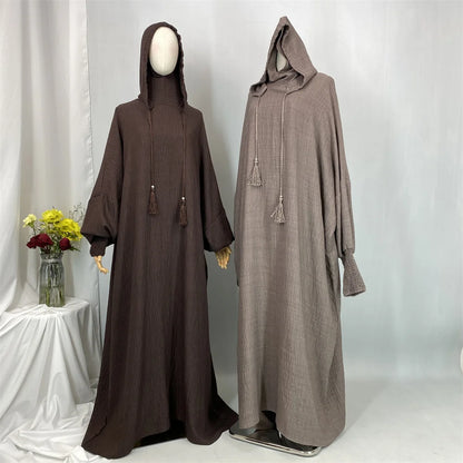 Hot Seller Ramadan Islamic Clothing Wrinkle Polyester Hoodie Abaya Dress With Undercap Muslim Women Abaya Hoodie Causal Dresses