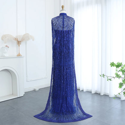 Sharon Said Luxury Pearls Dubai Champagne Evening Dresses with Cape New Arabic Women Mermaid Wedding Party Prom Dress SS369