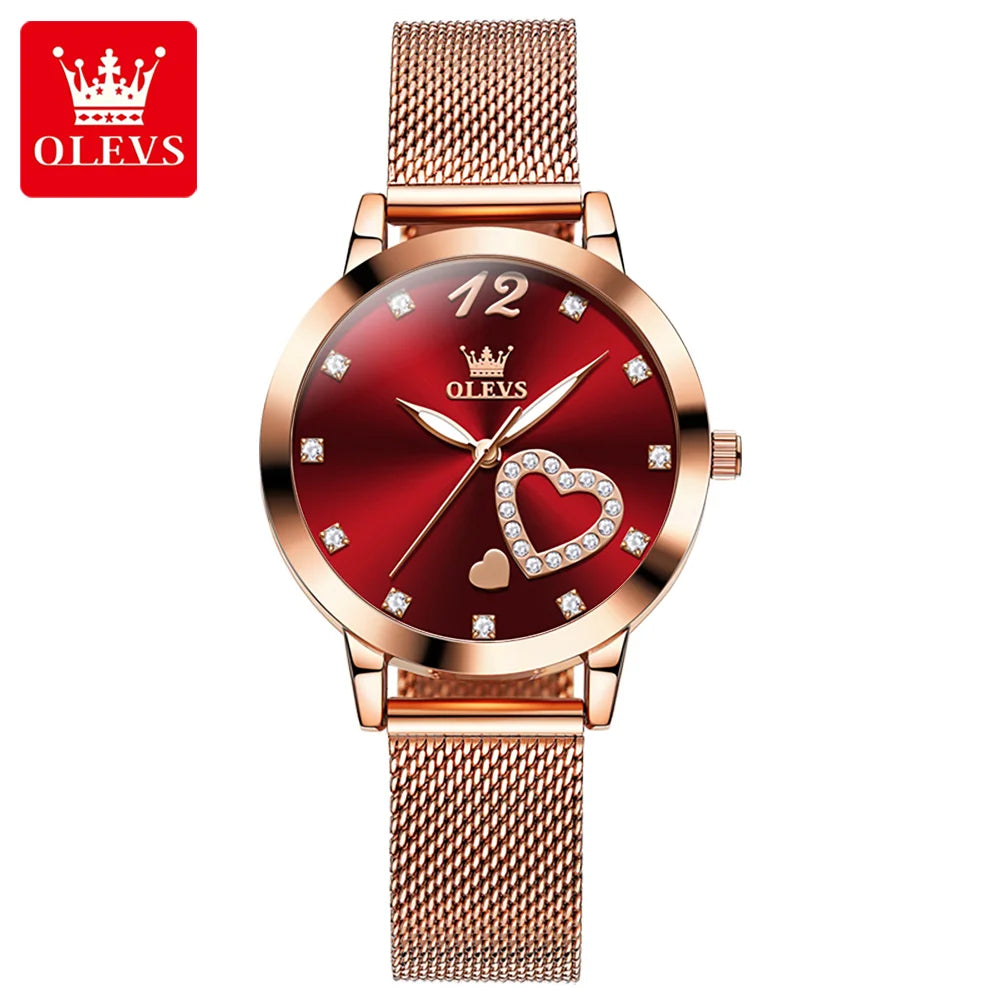 OLEVS 5189 Quartz Watch for Women Diamond Love Heart Design Fashion Elegant Rose Gold Mesh Steel Strap Waterproof Ladies Watches