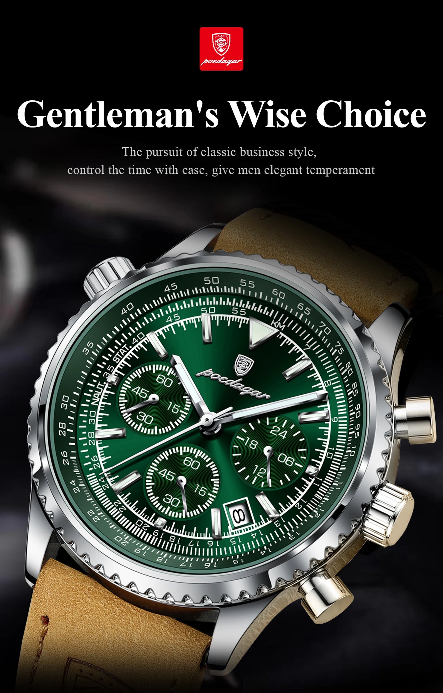 POEDAGAR Business Men Wristwatch Waterproof Luminous Date Chronograph Sport Man Clock Leather Quartz Fashion Men's Watches Reloj