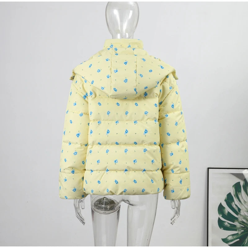 Printed Hooded Puffy Cotton Jacket Women Stand Collar Long Sleeve Zipper Loose Padded Coats 2025 Winter Lady Warm Outwear Street