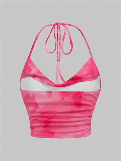 Tie-dye Floral Print Halter Top for Women Summer Y2K Clothes Sexy Backless Drape V-neck Crop Top Streetwear