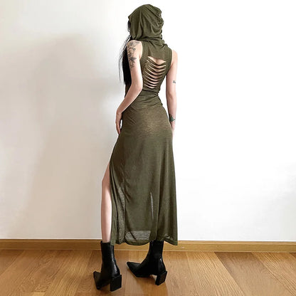 Gothic Ruffles Mesh Sleeveless Midi Hooded Dress Summer Beach Y2K Sexy Split Party Dresses Club Fashion High Street Outfits