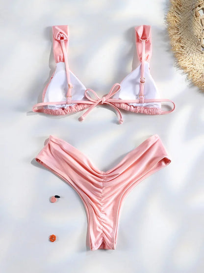 Miyouj Pleasted Bikinis Colaless Swimsuit Triangle Bikini Set Women Swimwear Halter Bathing Suits Bandage Beachwear Brazilian