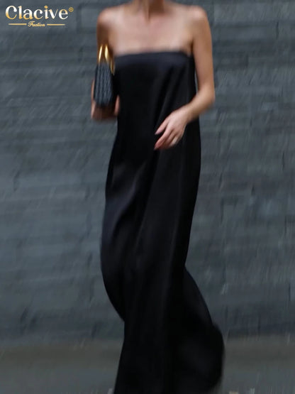 Clacive Summer Loose Black Women's Dress 2025 Fashion Strapless Sleeveless Maxi Dresses Sexy Classic Solid Dress Female Clothing