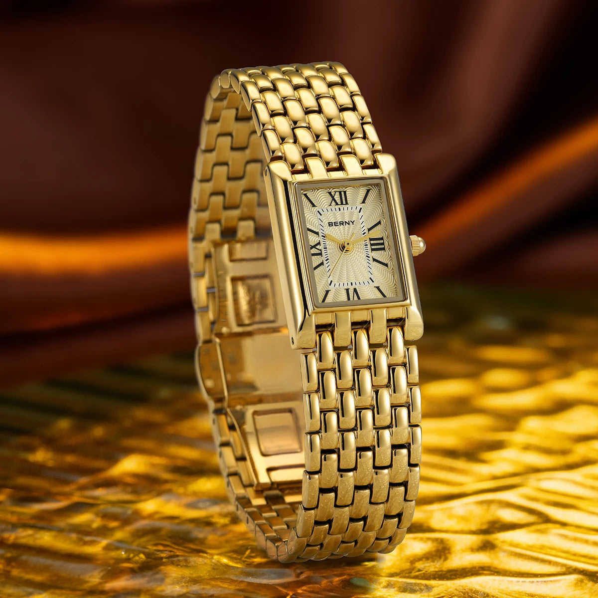 BERNY Luxury Women's Watches Fashion Ladies Square Casual Golden Quartz Watch Solid Stainless Steel Rectangle Girls Wristwatch