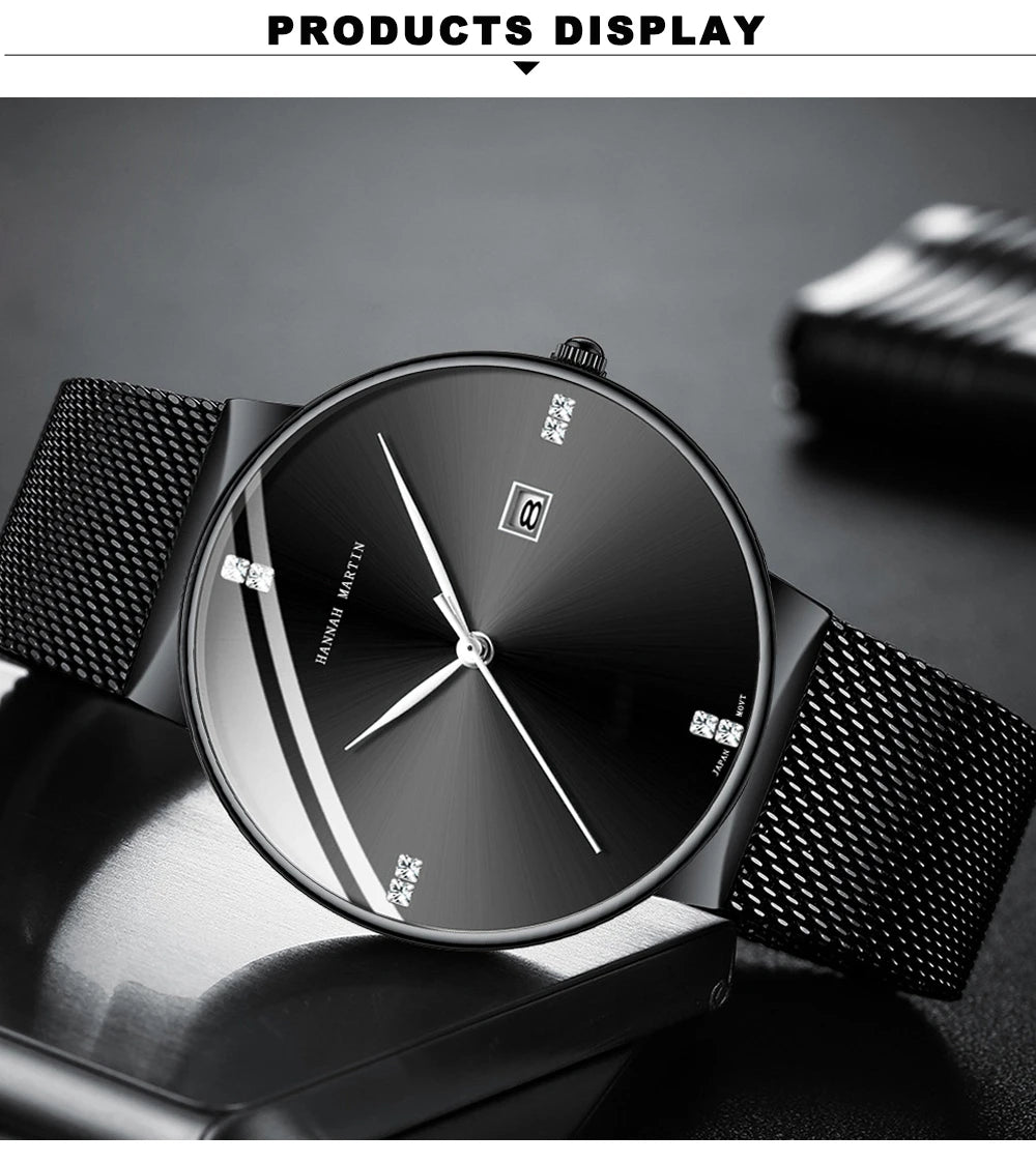 Japanese Original Quartz Movement Watch Luxury Rhinestone 40mm Blue Black Business Style Casual Fashion Stainless Steel Watches
