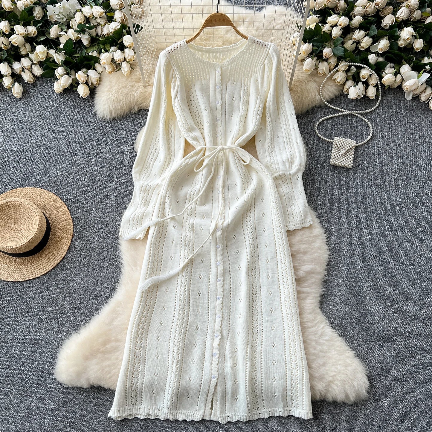 Women's Solid Single Breasted Hollow Out Knit Lace-up Dress Autumn Fashion Round Neck Elegant Festival Sweater Long Dresses 2024