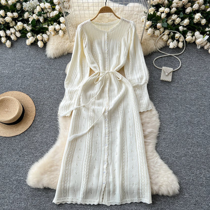 Women's Solid Single Breasted Hollow Out Knit Lace-up Dress Autumn Fashion Round Neck Elegant Festival Sweater Long Dresses 2024
