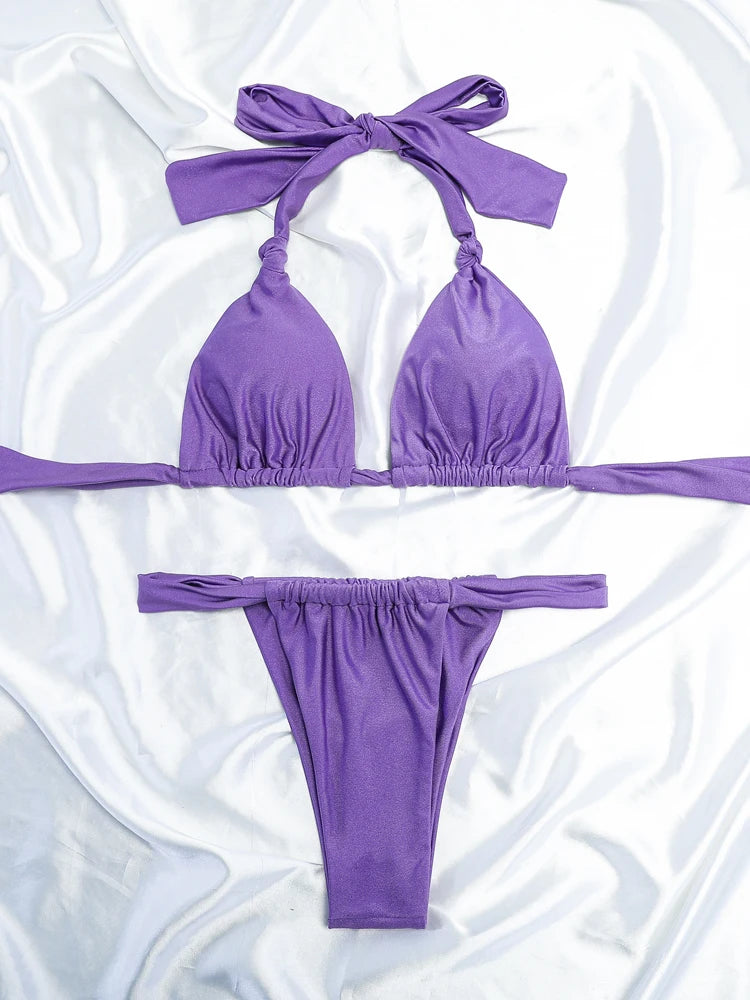 Tiedown Bikini for Women Triangle Swimwear Bathing Suit Brazilian 2-Piece Folds Bikinis Set solid Push Up Swimsuit New 2026