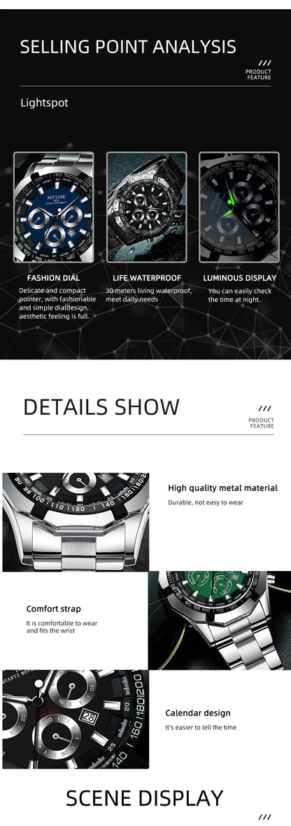 Luxury Mens Sport Watches Fashion Men Business Stainless Steel Waterproof Quartz Wristwatch Calendar Luminous Clock Reloj Hombre