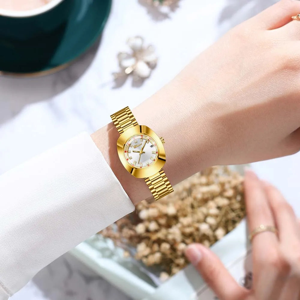 CHENXI Couple's Matching Quartz Watches Gold-Tone High-Fashion Diamond-Studded Waterproof Steel Bracelet Timepieces
