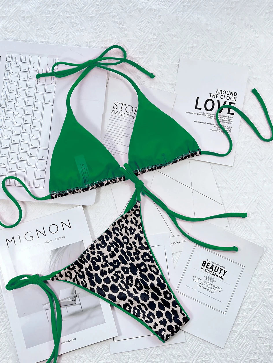 Sexy Leopard Micro Bikini 2025 Women Swimsuit Female Swimwear Thong Bikinis Set Brazilian Halter Beach Wear Lace Up Bathing Suit