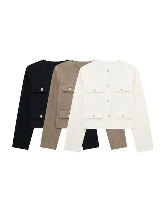 Women's Golden Button Jacket Coat, O Neck, Long Sleeve, Female Outerwear, Chic Tops, Fashion