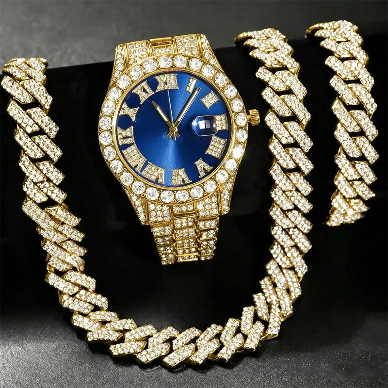 3/4PCS Hip Hop Iced Out Men's Watch Jewelry Set Luxury Rhinestone Quartz Wristwatch Cuban Link Chain Accessories（Without Box）