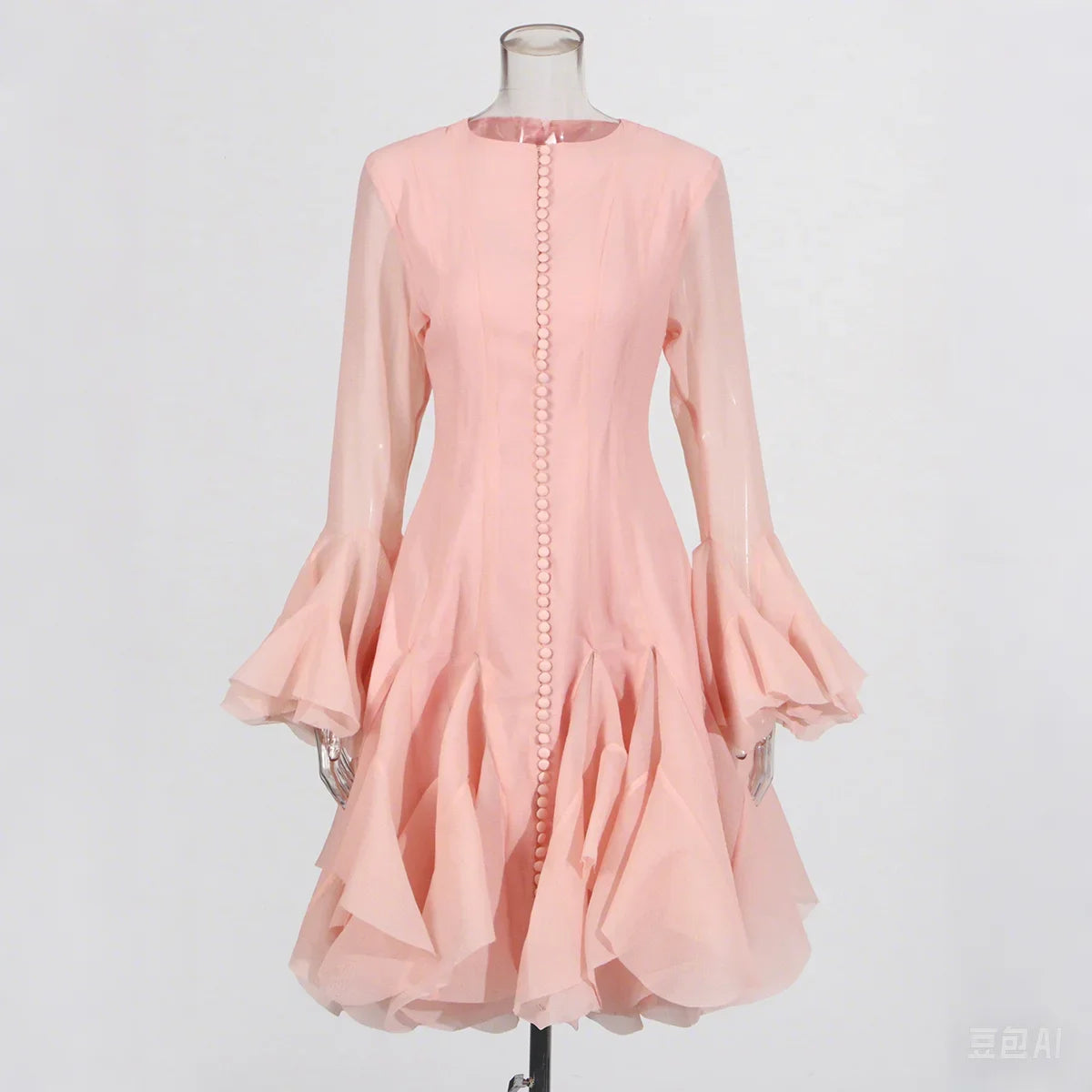 VGH Sweet Ruffles Elegant Knee Length Dresses for Women Round Neck Flare Sleeve High Waist Spliced Button  A Line Dress Female