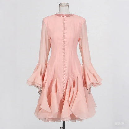 VGH Sweet Ruffles Elegant Knee Length Dresses for Women Round Neck Flare Sleeve High Waist Spliced Button  A Line Dress Female